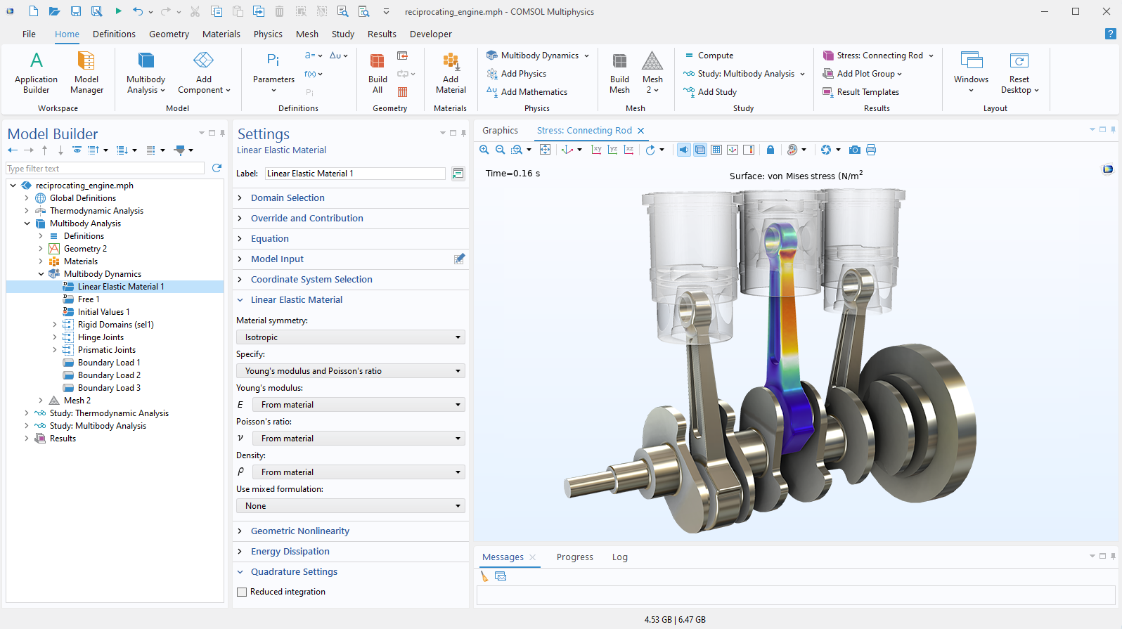 The COMSOL Multiphysics UI showing the Model Builder with the Linear Elastic Material node highlighted, the corresponding Settings window, and a reciprocating engine model in the Graphics window.